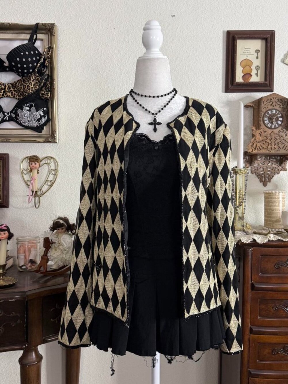 Vintage 90’s whimsical clown core goth gold and black diamond print silk jacket